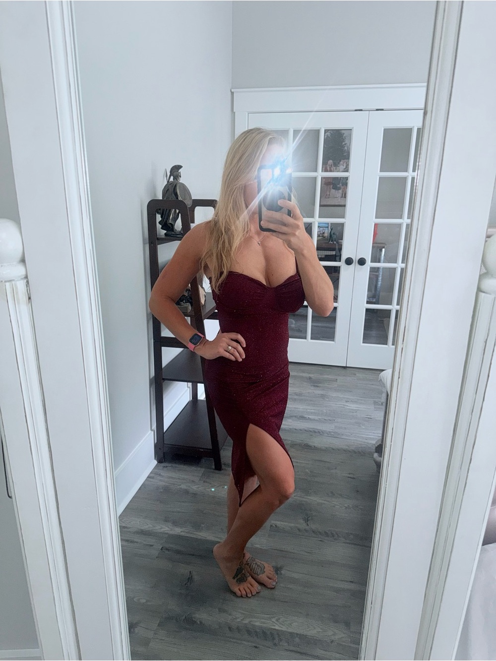 Windsor Strapless Sparkle Midi Dress in Burgundy